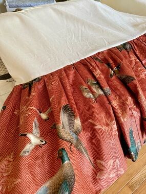 Custom TWIN Bedskirt, warm rust‑red herringbone/beige - gamebird print design